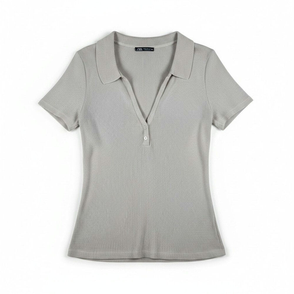 Zara Ribbed Knit Polo Shirt Henley Short Sleeve Light Grey Taupe M Minimalist